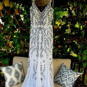 Marina Beaded V-Neck Slate Blue Gown